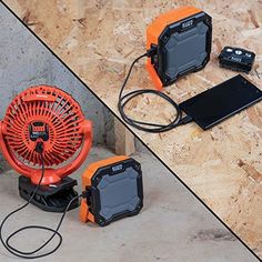 an orange fan sitting on top of a wooden floor next to other electronic gadgets