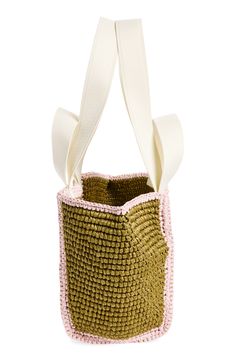 Hand-embroidered logo lettering elevates the artisanal look of this compact basket bag woven from raffia and topped with two sets of webbing straps. Open top Top carry handles; shoulder straps Raffia/textile Made in Italy Designer Handbags Designer Rectangular Natural Crochet Bag, Designer Natural Rectangular Crochet Bag, Designer Natural Color Rectangular Crochet Bag, Designer Woven Bags For Spring, Designer Summer Crochet Tote Bag, Designer Crochet Shopping Bag For Summer, Designer Crochet Bag For Summer Shopping, Straw Bucket Bag With Intrecciato Weave, Designer Rectangular Crochet Bag For Beach