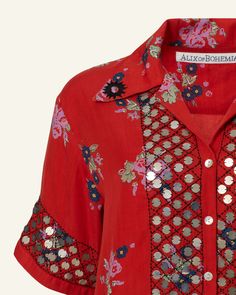 Stevie Carmine Coin Shirt Red Bohemian Shirt For Spring, Bohemian Short Sleeve Shirt, Embroidered Summer Festive Shirt, Summer Festive Embroidered Shirt, Bohemian Summer Shirt With Button Closure, Bohemian Shirt With Button Closure For Summer, Bohemian Red Tops With Buttons, Traditional Collared Summer Blouse, Red Bohemian Blouse With Buttons