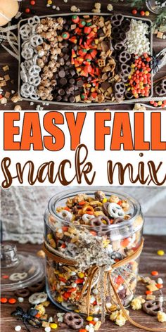 an easy fall snack mix in a glass jar