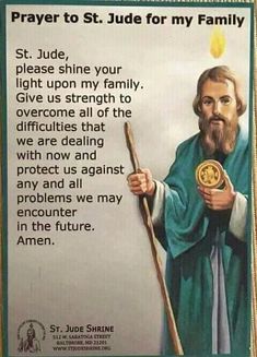 a poster with an image of st luke holding a stick and wearing a green robe