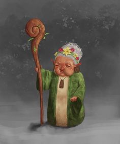 an old woman holding a stick and wearing a green coat with flowers on her head