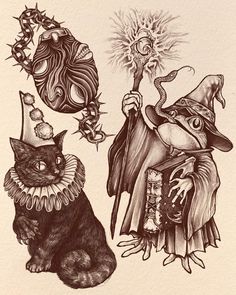 a drawing of two witches and a cat