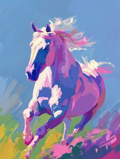 a painting of a running horse on a blue sky background with pink, yellow and green colors