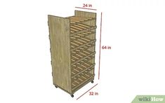 a wooden wine rack is shown with measurements for the top and bottom shelves on it