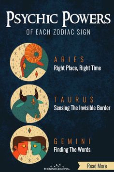 the psychic powers of each zodiac sign are shown in three different colors and styles, including blue