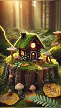 a small house on top of a tree stump in the woods with mushrooms and leaves around it