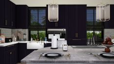 a large kitchen with black cabinets and white counter tops, along with plates on the island