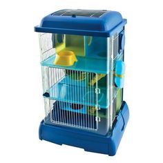 a blue and white bird cage with two small birds in it's top tier