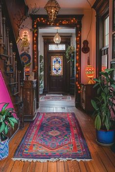 the hallway is decorated with colorful lights and rugs, along with potted plants