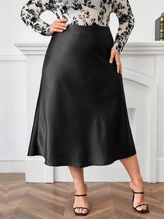 Solid Color A-Line High Waisted Skirts Bottoms Pu Leather Skirt, Belle Silhouette, Spring Skirts, Black High Waist, Plus Size Skirts, Plus Size Kleidung, Satin Skirt, Summer Skirts, Casual Skirt