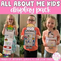 three children holding up posters with the words all about me kids display pack