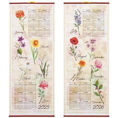 two wall hangings decorated with flowers and the calendar for each month on them,