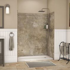 a bathroom with a shower, toilet and sink in it's corner area is shown