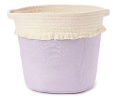 a purple and white basket with tassels on the top, sitting in front of a white background