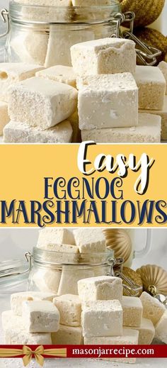 marshmallows stacked on top of each other with text overlay that reads easy eggnog marshmallows