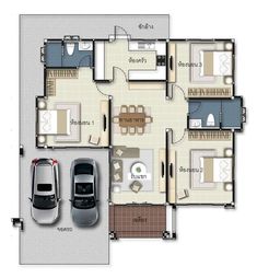 two cars are parked in front of the floor plan for a three bedroom house with attached garage