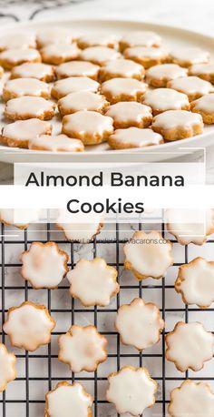 almond banana cookies on a cooling rack with the words almond banana cookies in front of them