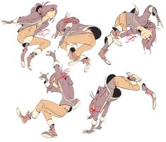 various poses of an anime character in different positions, including the legs and hands on one leg