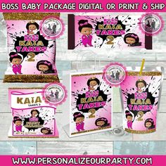 pink and gold baby shower package with the name kaa maka on it's side