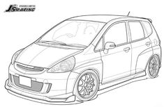 a drawing of a small car in black and white