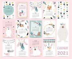 a calendar with animals, feathers and arrows on it's cover is shown in pink