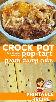 the crock pot is filled with peach dump cake and ready to be eaten for dessert