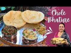 a woman is holding a plate with food on it and the words chole bhate above her