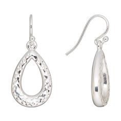 These fine silver diamond-cut open teardrop earrings were electroformed, which means they are lightweight and therefore extra comfortable to wear. Teardrop Earrings With Fish Hook, Teardrop Fish Hook Earrings, Teardrop Fish Hook Earrings Gift, Teardrop Jewelry With French Hook For Anniversary, Teardrop French Hook Jewelry For Anniversary, Silver Teardrop Earrings With French Hook, Silver Teardrop Earrings With Ear Wire, Modern Teardrop Jewelry With French Hook, Silver Hypoallergenic Teardrop Earrings