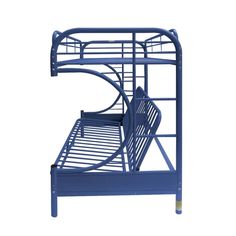 a blue metal bunk bed with no mattress