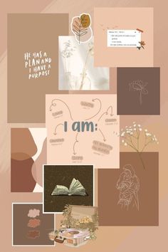 a collage of different images with words and flowers on them, including an open book