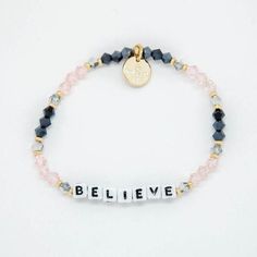 It's not about what we deserve, it's about what we believe. Wear this word or gift it as a reminder to always believe! Hand-crafted using fine-cut stones and acrylic letter beads Gold-plated brass hardware Elastic stretch bracelet Handle with Care - do not wet Little Words Project Little Words Project® encourages women to both be kind to themselves and to others. The handcrafted bracelets are each made with a different inspirational word. Each bracelet features a tag inscribed with a registratio Little Words Project, Jewels Diy, Making Bracelets With Beads, Diy Beaded Bracelets, Embroidery Bracelets, Word Bracelet, Acrylic Letters, Handle With Care, Beads Bracelet Design