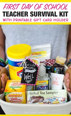 the first day of school teacher survival kit with printable gift card holder