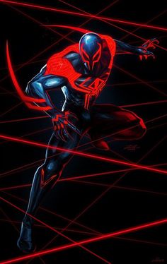 a painting of a spider man in red and black with lines on the ground behind him