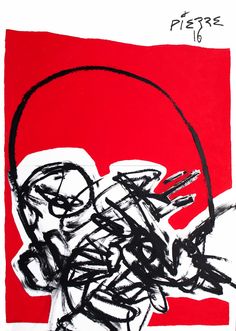 an abstract painting with black and red lines on it's sides, in front of a red background