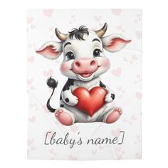 a baby cow holding a heart on a white background