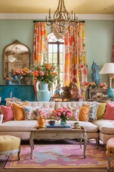 a living room filled with lots of furniture and flowers