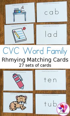 cvc word family rhyming matching cards with the words and pictures on them