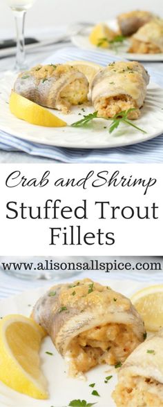 crab and shrimp stuffed trout fillets on a plate with lemon wedges