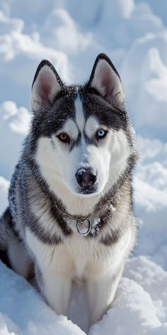 a husky dog sitting in the snow with blue eyes