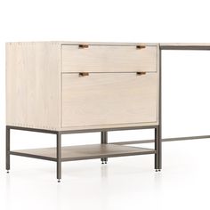 the sideboard is made out of wood and has two drawers, one with metal legs