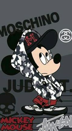 mickey mouse is wearing a baseball cap and pants