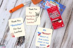 some cards that say thank you for serving up nutritious lunches and have been placed on a table