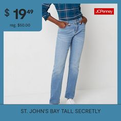 Meet your new go-to pair of jeans from St. John's Bay women's tall collection. Cut for a mid-rise from soft stretch-cotton denim with recycled fabric, and they have a classic button-zip fly, 5-pocket styling with straight legs that lay over sneakers or heels effortlessly.Features: Fly Front, Stretch FabricClosure Type: Button & ZipperConcerns: Tummy SolutionsPockets: 1 Front Coin Pocket, 2 Front Slip Pockets, 2 Back Slip PocketsRise: Mid RiseFiber Content: 78% Cotton, 20% Repreve Recycled Polye… Blue Straight Leg Pants With 4-way Stretch, Stretch Full-length Pull-on Jeans, Stretch Straight Leg Pull-on Jeans, Comfort Stretch Pull-on Straight Leg Jeans, Stretch Denim Jeans With 5-inch Inseam, Tall Jeans, Jeans Straight, Recycled Fabric, Stretch Cotton