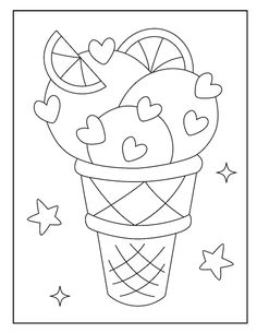 an ice cream sundae with hearts and stars on the side, in black and white