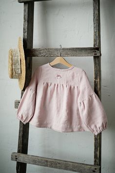 Peach Ribbon, Short Tunic, Girls Tunics, Linen Short, Linen Tunic, Pink Linen, French Linen, Ruffled Sleeves, Long Puff Sleeves