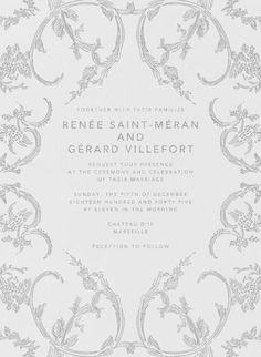 a wedding card with an ornate design on the front and back, in grey ink