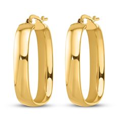 Adorn your ears with these gorgeous 14K yellow gold squared oval hoop earrings. Gleaming with high polished finish, these 4.75mm broad earrings are protected with hinged backs for worry-free movement. 14k Yellow Gold Polished Hoop Earrings, Yellow Gold Polished Hoop Earrings, Oval Yellow Gold Plated Hoop Earrings, Trendy 14k Gold-filled Yellow Gold Hoop Earrings, Polished Yellow Gold Brass Hoop Earrings, Jared The Galleria Of Jewelry, Hoop Earrings, Square, Yellow Gold