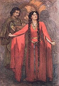 a painting of a woman in red dress standing next to a man with long hair