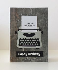 a birthday card with an old fashioned typewriter on it's front and back